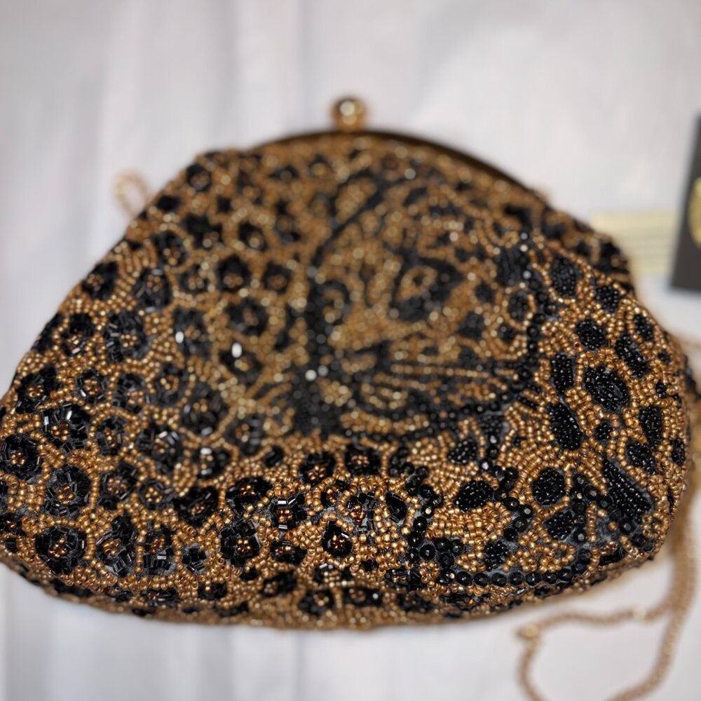Viral Vintage Style Cheetah Beaded Bag Made in India Black & Gold Evening Bag - Picture 2 of 4